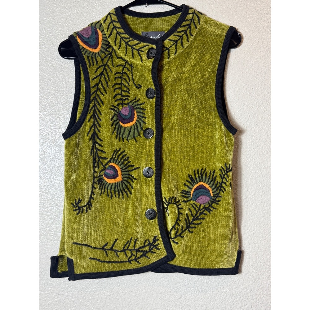 Vintage Lisa Nichols Peacock Feather Embroidered Sweater Vest Green Boho Size S